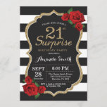 Surprise Red Rose 21st Birthday Invitation Gold Kaart<br><div class="desc">Verrassende Red Rose 21st Birthday Invitation Gold Glitter. Zwarte en gouden feestdag uitnodiging. Gold Glitter. Zwarte en witte strepen. Chalkboard. Afdrukbaar digitaal. Voor verdere aanpassing,  te klikken gelieve de knoop "van de Aanpassing het"en ons ontwerphulpmiddel te gebruiken om deze sjabloon te wijzigen.</div>