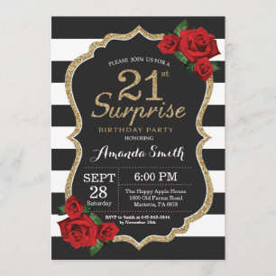 Surprise Red Rose 21st Birthday Invitation Gold Kaart