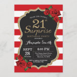 Surprise Red Rose 21st Birthday Invitation Gold Kaart<br><div class="desc">Verrassende Red Rose 21st Birthday Invitation Gold Glitter. Zwarte en gouden feestdag uitnodiging. Gold Glitter. Rode en witte strepen. Chalkboard. Afdrukbaar digitaal. Voor verdere aanpassing,  te klikken gelieve de knoop "van de Aanpassing het"en ons ontwerphulpmiddel te gebruiken om deze sjabloon te wijzigen.</div>