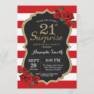 Surprise Red Rose 21st Birthday Invitation Gold Kaart