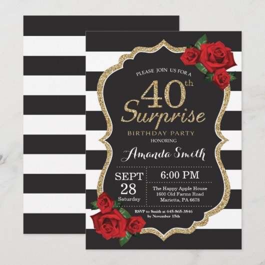 Surprise Red Rose 40e verjaardag uitnodiging goud (Voorkant / Achterkant)