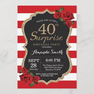 Surprise Red Rose 40th Birthday Invitation Gold Kaart