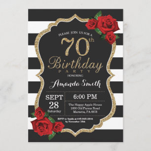 Surprise Red Rose 70th Birthday Invitation Gold Kaart