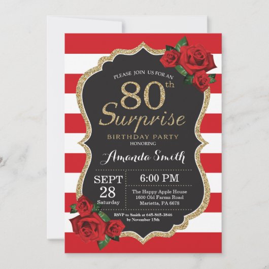 Surprise Red Rose 80th Birthday Invitation Gold Kaart (Voorkant)