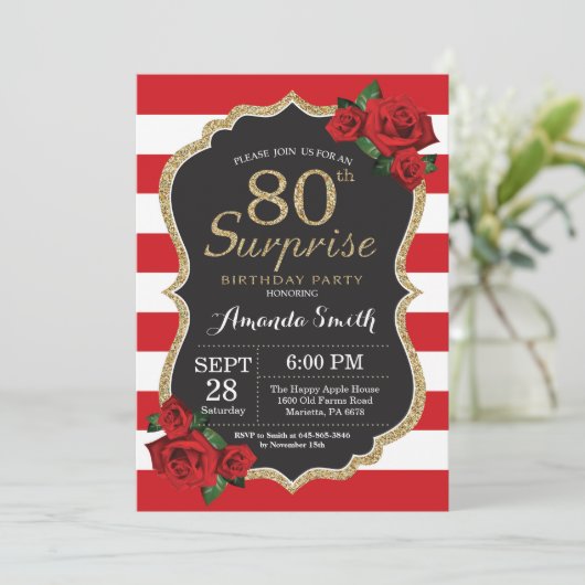Surprise Red Rose 80th Birthday Invitation Gold Kaart (Staand voorkant)