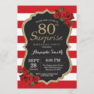 Surprise Red Rose 80th Birthday Invitation Gold Kaart
