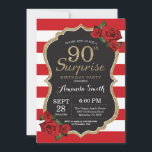 Surprise Red Rose 90th Birthday Invitation Gold Kaart<br><div class="desc">Verrassende Red Rose 90th Birthday Invitation Gold Glitter. Zwarte en gouden feestdag uitnodiging. Gold Glitter. Rode en witte strepen. Chalkboard. Afdrukbaar digitaal. Voor verdere aanpassing,  te klikken gelieve de knoop "van de Aanpassing het"en ons ontwerphulpmiddel te gebruiken om deze sjabloon te wijzigen.</div>