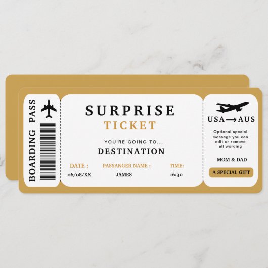 Surprise Reis Ticket Vliegtuig Reis Instapkaart Kaart (Voorkant / Achterkant)