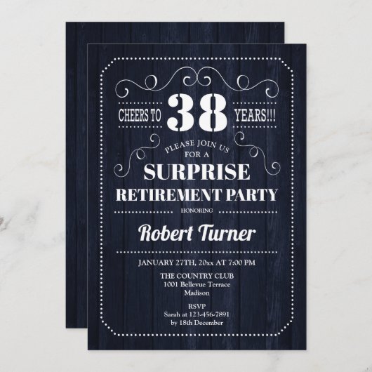 Surprise Retirement Party - Marine Blauw Hout Patr Kaart (Voorkant / Achterkant)