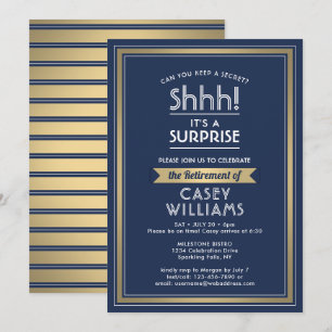 Surprise Retirement Party Navy Blue White Gold Kaart