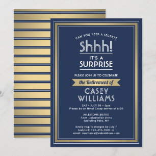 Surprise Retirement Party Navy Blue White Gold Kaart