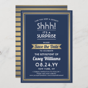 Surprise Retirement Party Navy Blue White Gold Save The Date