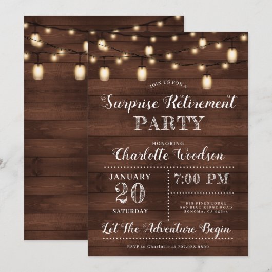 Surprise retirement Rustic Wood String Lights Kaart (Voorkant / Achterkant)