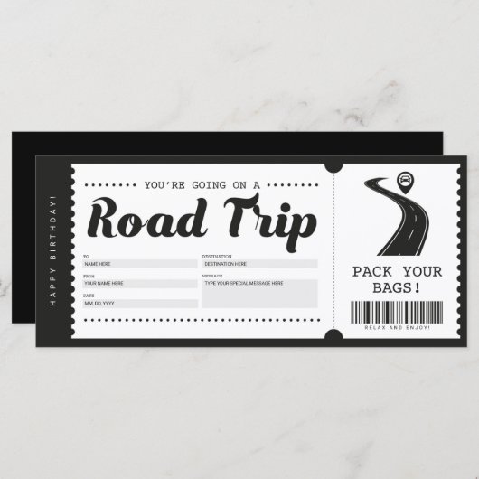 Surprise Road Trip Ticket Gift Voucher Certificate (Voorkant / Achterkant)