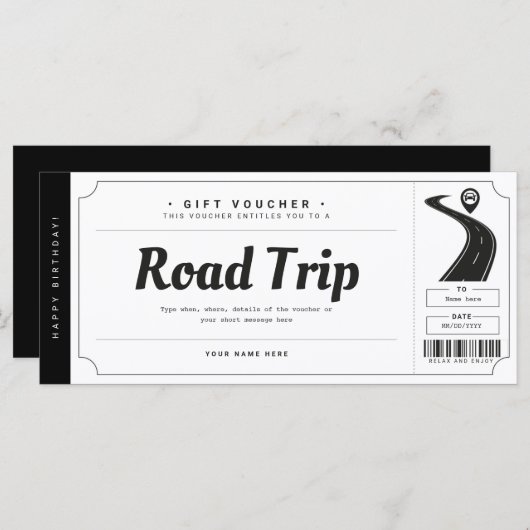 Surprise Road Trip Ticket Gift Voucher Certificate (Voorkant / Achterkant)