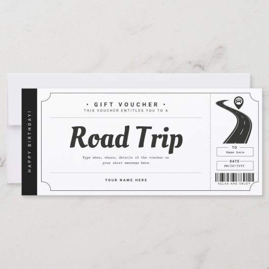 Surprise Road Trip Ticket Gift Voucher Certificate (Voorkant)