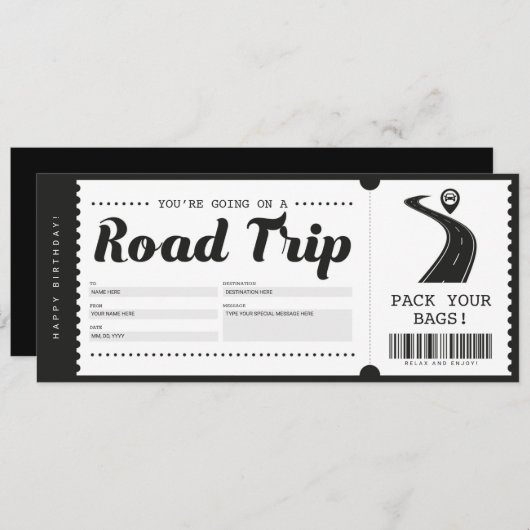 Surprise Roadtrip Ticket Cadeaubon Certificaat Kaart (Voorkant / Achterkant)