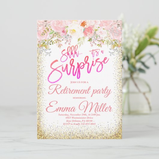 Surprise Roze en Goud Pensioen Partij Kaart (Staand voorkant)