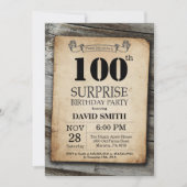 Surprise Rustic 100th Birthday Invitation Kaart (Voorkant)