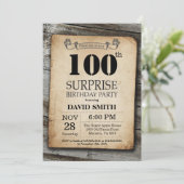 Surprise Rustic 100th Birthday Invitation Kaart (Staand voorkant)