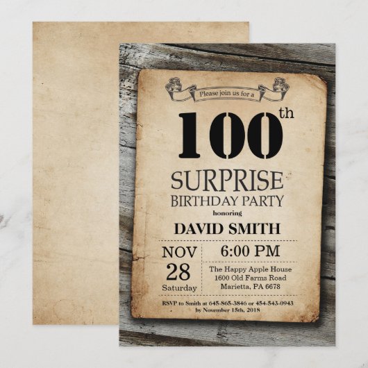 Surprise Rustic 100th Birthday Invitation Kaart (Voorkant / Achterkant)