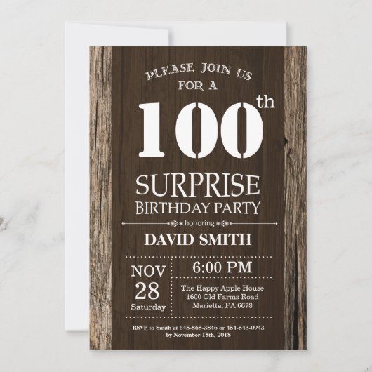 Surprise Rustic 100th Birthday Invitation Kaart (Voorkant)