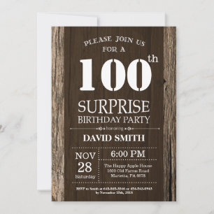 Surprise Rustic 100th Birthday Invitation Kaart