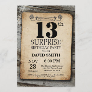 Surprise Rustic 13th Birthday Invitation Vintage Kaart