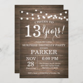 Surprise Rustic 13th Birthday Invitation Wood Kaart (Voorkant / Achterkant)
