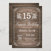 Surprise Rustic 15th Birthday Invitation Floral Kaart (Voorkant / Achterkant)