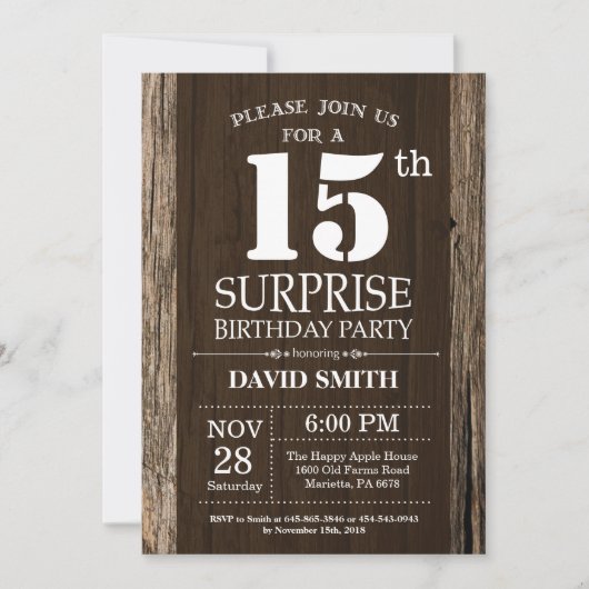 Surprise Rustic 15th Birthday Invitation Vintage Kaart (Voorkant)