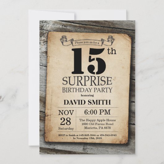 Surprise Rustic 15th Birthday Invitation Vintage Kaart (Voorkant)
