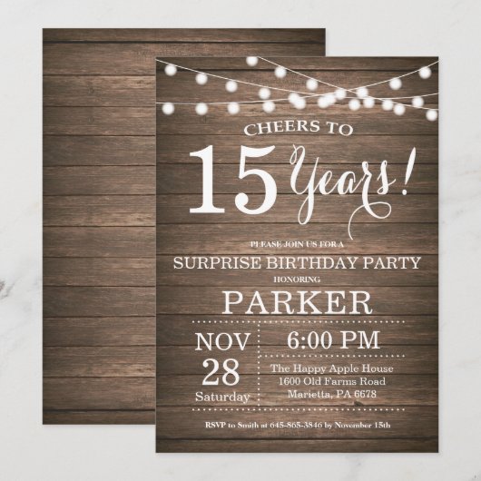 Surprise Rustic 15th Birthday Invitation Wood Kaart (Voorkant / Achterkant)