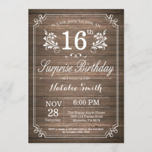 Surprise Rustic 16th Birthday Invitation Floral Kaart