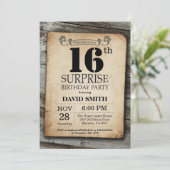 Surprise Rustic 16th Birthday Invitation Vintage Kaart (Staand voorkant)