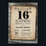 Surprise Rustic 16th Birthday Invitation Vintage Kaart<br><div class="desc">Verrassend Rustic 16th Birthday Invitation with Rustic Wood Background. Retroland. Volwassen verjaardag. Mannelijke Mannen of vrouwen: Birthday. Kinder jongen of meisje Lady Teen Teenage Bday Invite. 13e 15e 16e 18e 21e 30e 40e 50e 60e 70e 80e 90e 100e. Elke leeftijd. Voor verdere aanpassing, te klikken gelieve de knoop "van de...</div>