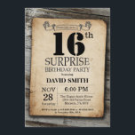 Surprise Rustic 16th Birthday Invitation Vintage Kaart<br><div class="desc">Verrassend Rustic 16th Birthday Invitation with Rustic Wood Background. Retroland. Volwassen verjaardag. Mannelijke Mannen of vrouwen: Birthday. Kinder jongen of meisje Lady Teen Teenage Bday Invite. 13e 15e 16e 18e 21e 30e 40e 50e 60e 70e 80e 90e 100e. Elke leeftijd. Voor verdere aanpassing, te klikken gelieve de knoop "van de...</div>