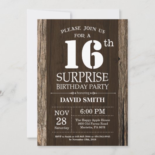 Surprise Rustic 16th Birthday Invitation Vintage Kaart (Voorkant)
