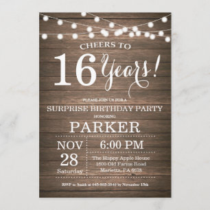 Surprise Rustic 16th Birthday Invitation Wood Kaart