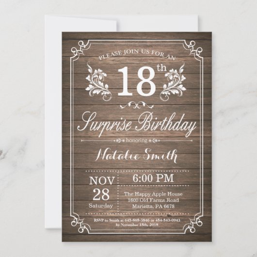Surprise Rustic 18th Birthday Invitation Floral Kaart (Voorkant)
