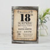 Surprise Rustic 18th Birthday Invitation Vintage Kaart (Staand voorkant)