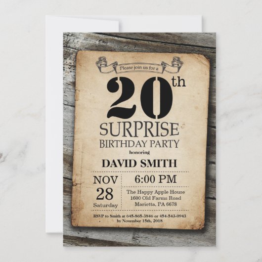 Surprise Rustic 20th Birthday Invitation Vintage Kaart (Voorkant)