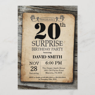 Surprise Rustic 20th Birthday Invitation Vintage Kaart