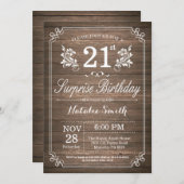 Surprise Rustic 21st Birthday Invitation Floral Kaart (Voorkant / Achterkant)