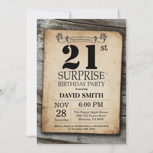 Surprise Rustic 21st Birthday Invitation Vintage Kaart (Voorkant)