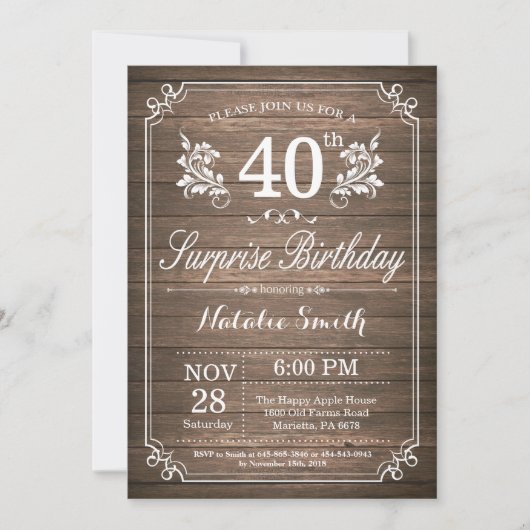 Surprise Rustic 40th Birthday Invitation Floral Kaart (Voorkant)