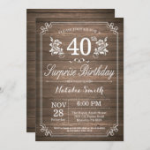 Surprise Rustic 40th Birthday Invitation Floral Kaart (Voorkant / Achterkant)