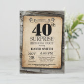 Surprise Rustic 40th Birthday Invitation Vintage Kaart (Staand voorkant)
