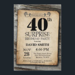 Surprise Rustic 40th Birthday Invitation Vintage Kaart<br><div class="desc">Verrassend Rustic 40th Birthday Invitation with Rustic Wood Background. Retroland. Volwassen verjaardag. Mannelijke Mannen of vrouwen: Birthday. Kinder jongen of meisje Lady Teen Teenage Bday Invite. 13e 15e 16e 18e 21e 30e 40e 50e 60e 70e 80e 90e 100e. Elke leeftijd. Voor verdere aanpassing, te klikken gelieve de knoop "van de...</div>