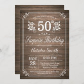 Surprise Rustic 50th Birthday Invitation Floral Kaart (Voorkant / Achterkant)